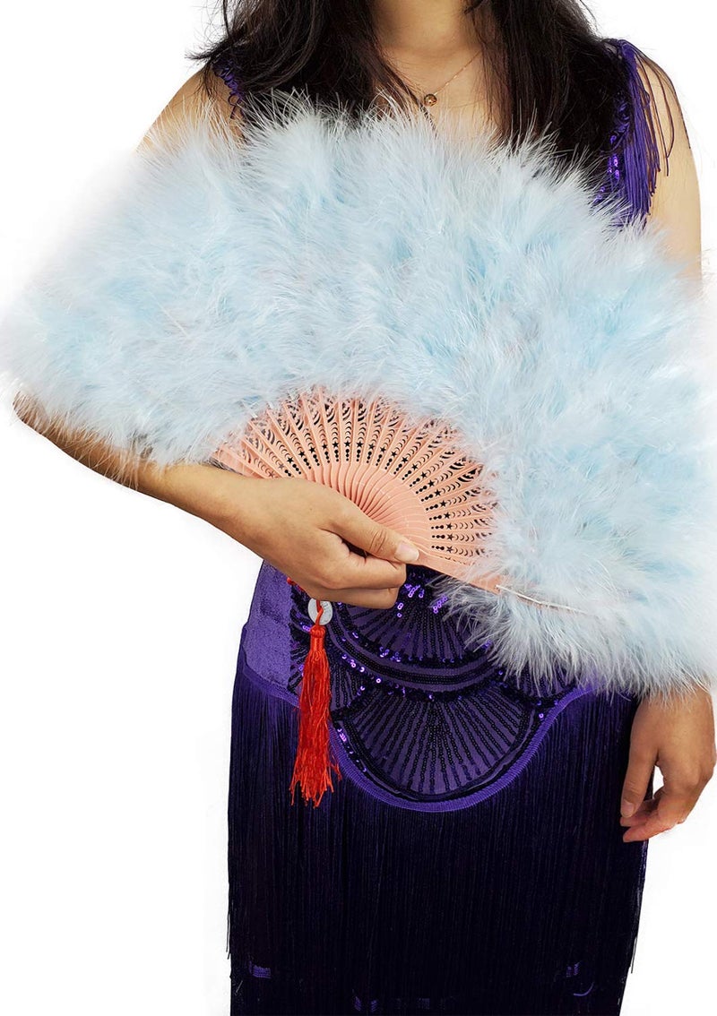 Happy Feather Handheld Marabou Feather Fan, 1920s Vintage Style Flapper Hand Fan for Costume Party and Dancing-Light Blue - Image 1
